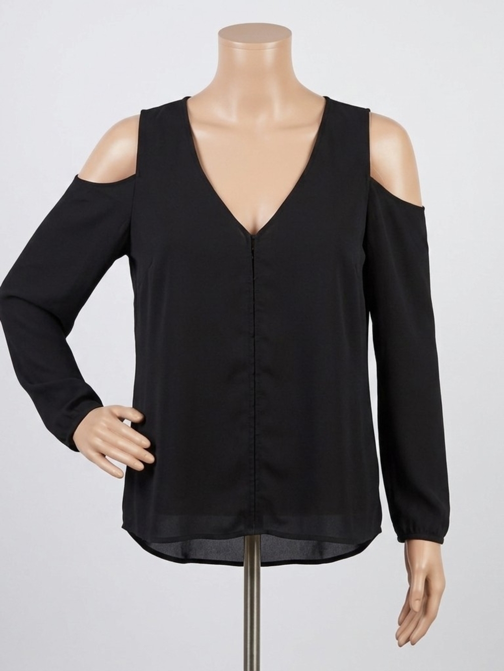 New York & Company Black Cold-Shoulder V-Neck Blouse Size L Work Wear